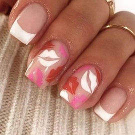 MERVF Press on Nails Short Square Fake Nails White French Tip Glue on Nails Colorful Lip Press ons Acrylic Nails with Design Squoval False Nails for Women Glossy 24pcs