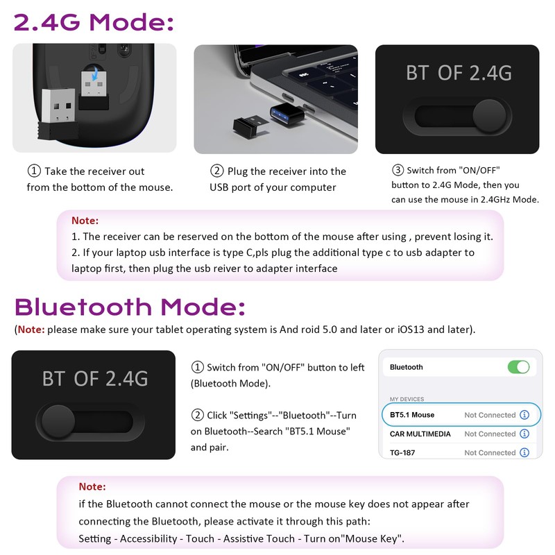 LKV Wireless Bluetooth Mouse, 2.4GHz Slim Purple Mouse with USB