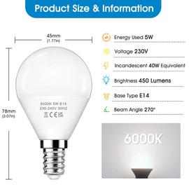 E14 LED Cool White Bulb 5 W, E14 6000 K Cool White Bulb, 40 W Halogen Bulb Replaced, G45/P45 LED Bulb, 220-240 V Energy Saving Bulb, Not Dimmable, Pack of 6