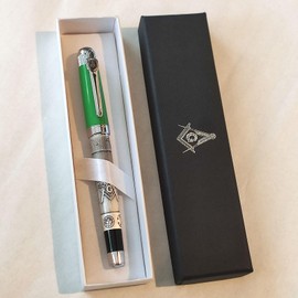 Masonic Symbols Engraved Heavy Weight Silver Metal Fountain Pen, Gift Box (Blue Ink Cartridge)