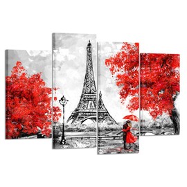 Kreative Arts 4 Panel Canvas Wall Art Black White and Red Umbrella Couple in Street Eiffel Tower Oil Painting Printed on Canvas Romantic Picture Framed Artwork Prints for Walls Decor 48x33inch