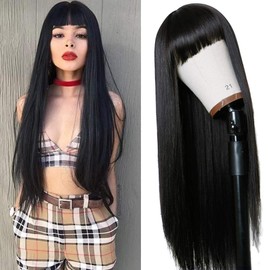 TIMANZO Long Straight Remy Hair Wigs Natural Black Heat Resistant Fiber Hair Full Machine Wig with Bangs Cosplay Party Wig For Fashion Women (24 Inch)