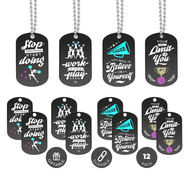 Inkstone Cheerleading Dogtag Necklaces | Motivational Sayings Work Hard Play Hard | 12 Pack | Encouraging Gift for Students, Teams, Players, and Employee