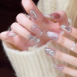 Pure Handmade Nails Press on Nail Reusable Fake Nails Golden CatEyes RhineStones Bling Bling Medium Stick on Nails French Tip False Nails 10pcs (S, Q306 NAILS)