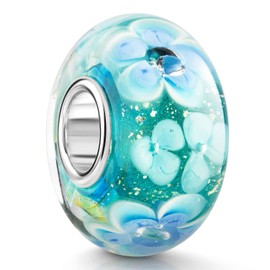 Murano Glass Bead with Blue Interior Materia Zircons - 925 Sterling Silver Flowers Charm Bead Murano Glas 1445# with Sleeve