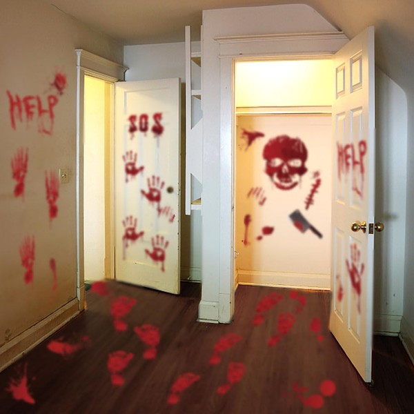 119 PCS Bloody Halloween Decorations Halloween Bloody Handprint Footprints Knife Stickers Window Wall Floor Clings Decals Horror Bathroom Zombie Party Decorations Supplies