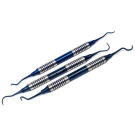 Pack of 3 Pcs Dental Hollow Handle Double Ended Sickle Scalers 204S + H6/H7 + Montana Jack with Blue Titanium Coated Tips, Stainless Steel Periodontal Curettes