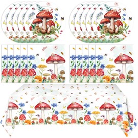 41Pcs Mushroom Birthday Decorations Enchanted Forest Party Tableware Set Wildflower Wonderland Party Mushroom Plates Napkins Tablecloth丨Baby Shower Fairy Birthday Party Decorations,Serves 20
