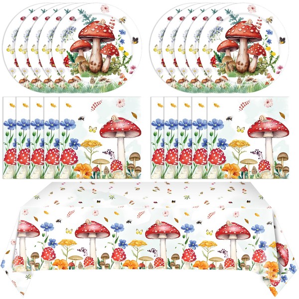 41Pcs Mushroom Birthday Decorations Enchanted Forest Party Tableware Set Wildflower