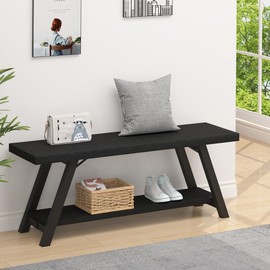 LVB Black Bench, Modern Storage Bench for Bedroom, Wood Metal Entryway Bench for Hallway Dining Living Room, Famrhouse Shoe Rack Indoor Accent Seating Bench for Foyer Entrance, Black Oak, 47 Inch Long