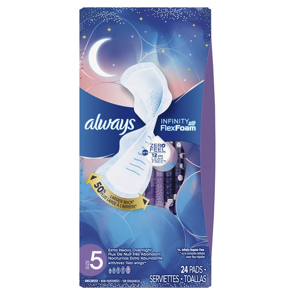Always Infinity Extra Heavy Overnight Pads With Wings, Size 5, Unscented, 24 Count