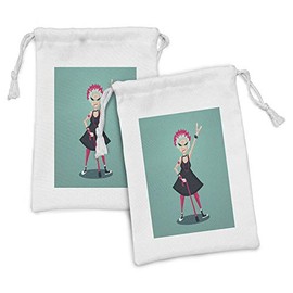 Ambesonne Retirement Party Fabric Pouch Set of 2, Cartoon Character Forever Young Old Lady as a Rebel Rock Fan Illustration, Small Drawstring Bag for Toiletries Masks and Favors, 9" x 6", Multicolor