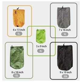 Frelaxy Stuff Sack Set 5-Pack (3L&5L&9L&15L&20L), Ultralight Ditty Bags with Dust Flap for Traveling Hiking Backpacking (Neon Green&Orange&Gray&Army Green&Black)