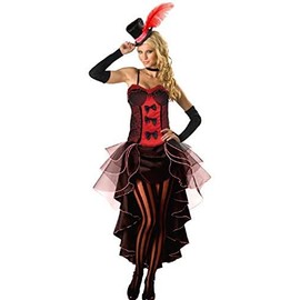 Forever Young Red Burlesque Moulin Rouge Fancy Dress Can Can Girl Costume Outfit + Hat & Glove, Black, UK size 8