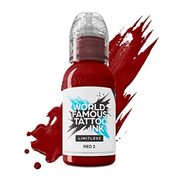 World Famous Limitless Tattoo Ink, Vegan Professional Premium Permanent Tattooing Inks, Red 2, 29.5 ml