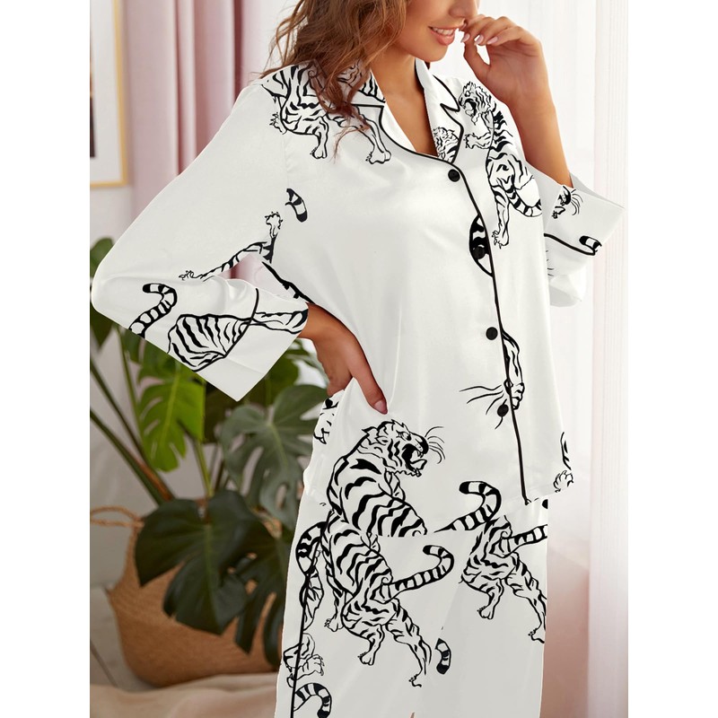 Husmeu Pyjamas for Women Silk Pjs Sets Cute Tiger Pattern