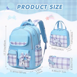 GeeWin School Backpack Set for Teen Girls, Girls Backpack with Matching Insulated Lunch Bag & Pencil Pouch For Kids Elementary Primary Middle School, Cute Waterproof Student Bookbag Daypack (blue)