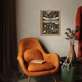 Framed Vintage 3D Textured Wall Art - Dark Green Dragonfly Flowers Wall Decor - Hand Drawn Sandstone Nature Botanical Pictures for Living Room Bedroom Home Decor 16x24in