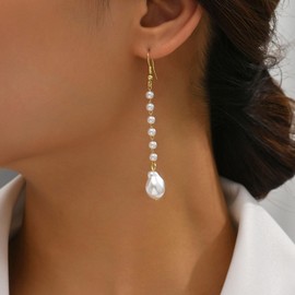 Yheakne Vintage Long Pearl Chain Earrings Irregular Pearl Dangle Earrings Gold Pearl Tassel Earrings Tiny Pearl Drop Earrings Wedding Pearl Earrings Jewelry for Women