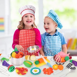 Qizebaby Toys Kitchen Toy Set, Pretend Play Kids Games, Stainless Steel Cookware Pot and Pan Set, Cookware, Apron and Chef Hat, Vegetables and Fruits Chopping, Indoor Play, Indoor Games, Cooking Set with Kitchen Games, Popular Birthday Gift, Christmas Gi