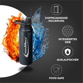 IronMaxx Hot & Cold Bottle – Deep Black 800 ml | Borraccia termica in acciaio inox per bevande calde e fredde | Antigoccia e senza BPA | Ideale per sport, vita quotidiana e outdoor