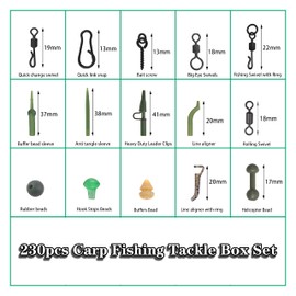 230pcs Carp Fishing Tackle Box Kit - Fishing Rigs Making Accessories - Swivel Snaps, Leader Clips, Rubber Sleeves, Terminal Tackle