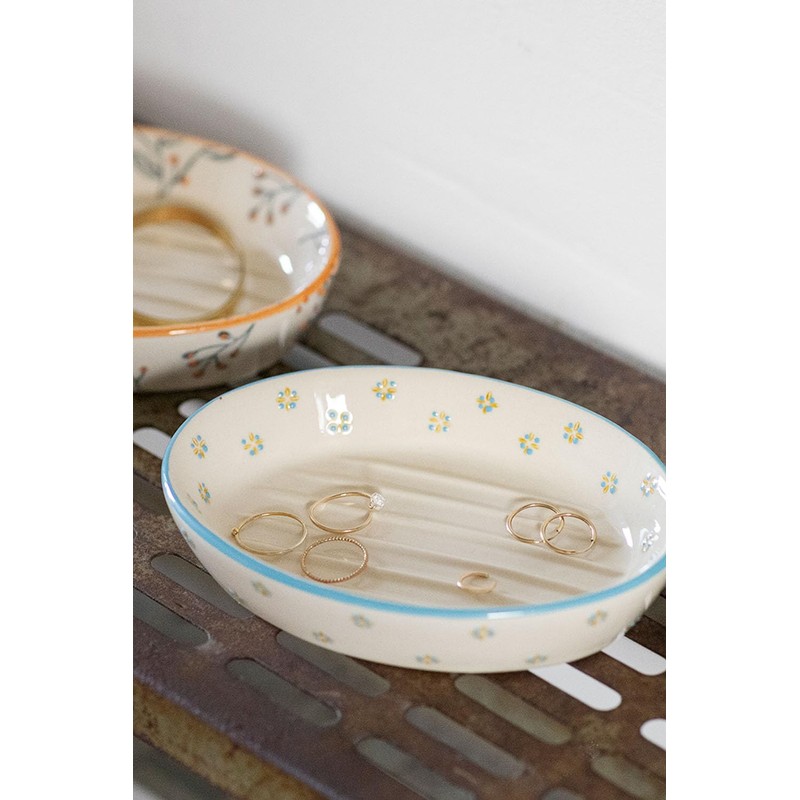 Large Oval Ceramic Soap Dish with Floral Prints, Blue Rim,