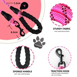 Strong Dog Lead, 3 M/2 M, Suitable for Medium and Large Dogs, with Comfortable Padded Handle and High Reflective Line (Pink, 2 m x 12 mm)