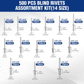 WORKPRO 500pcs Aluminum Blind Rivets, 14 Sizes Pop Rivets Assortment Kit (3/32" 1/8" 5/32" 3/16" 1/4"), Assorted Blind Rivets for Metal with Reinforced Label Case- Sliver