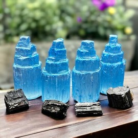 Blue Aura Selenite and Black Tourmaline Home Protection Set
