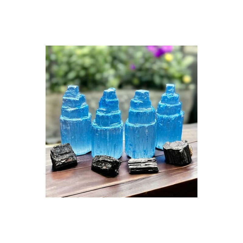 Blue Aura Selenite and Black Tourmaline Home Protection Set