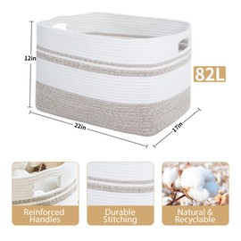 R RUNKA Large Rectangular Cotton Rope Storage Basket - 82L- Ideal for Toy Storage, Blankets, Laundry, Woven Organizer for Living Room, Bedroom - 22"x17"x12"（White & Beige）