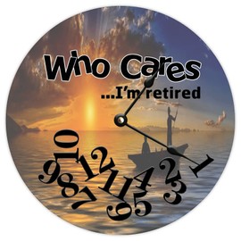 Who Care I'm Retired Round Wooden Wall Clock Sunset Fishing Boat Silent Non-Ticking for Living Room Bedroom Office Kitchen Home Decorate Wall Clock 10x10inch