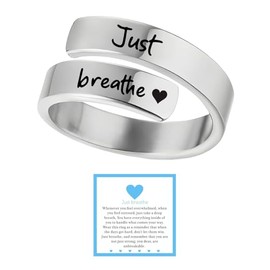 Just Breathe Ring for Women, Heart Adjustable Stainless Steel Spiral Wrap Engraved Rings Dainty Hope Healing Inspirational Motivational Gifts Jewelry, Stainless Steel, No Gemstone