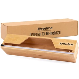 Libreshine 18 Inch Butcher Paper Dispenser with Cutter | Heavy-Duty Holder for Plastic Wrap, Foil, Freezer Paper & Kraft Rolls | Wall/Tabletop Bamboo Organizer | Kitchen, Crafting, Commercial Use