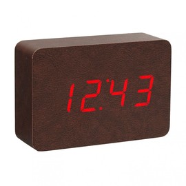 Gingko Brick Click Clock 8" x 6" Time/Date/Temp Alarm Clock Brown Leatherette Red LED