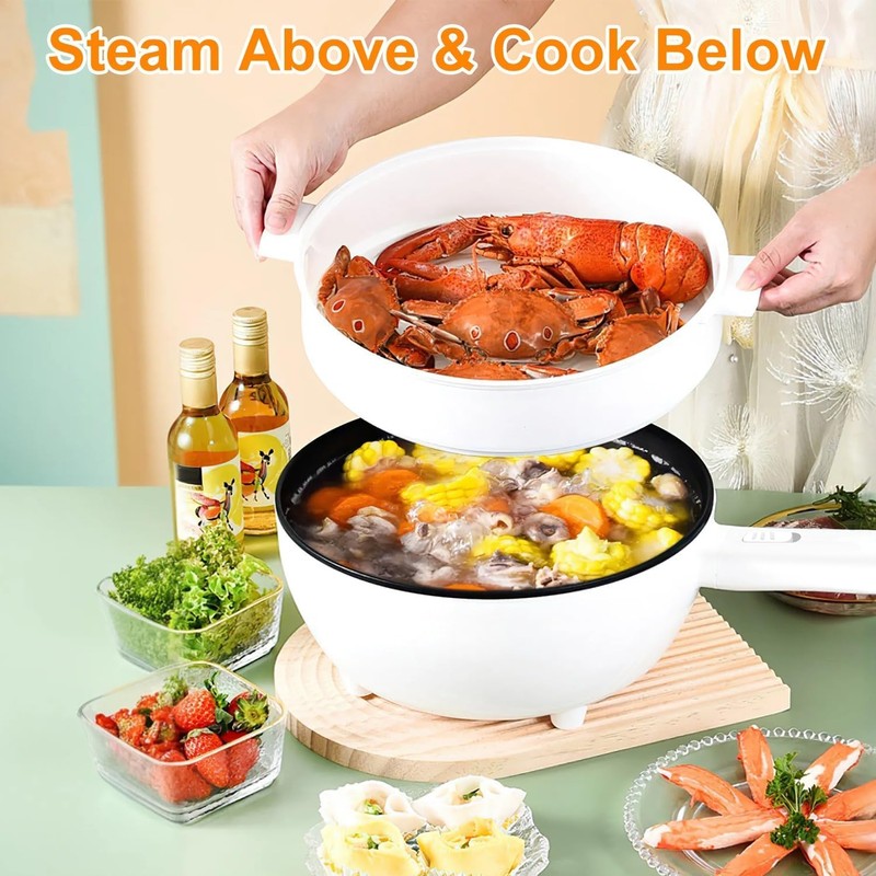 KOCASO Electric Hot Pot with Steamer, 3L Non-Stick Multi-Cooker, Dual