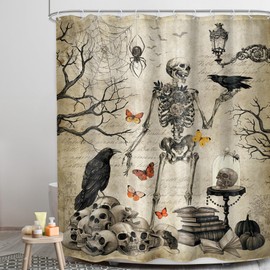 LGhtyro Skull Skeleton Shower Curtain Bathroom Set 71Wx71H Inches Gothic Vintage Spooky Tree Spider Web Bat Retro Scary Bath Accessories Cool Art Home Decor Fabric 12 Pack Hooks