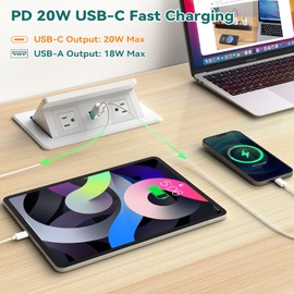 QBA Pop up Power Outlet with 15W Wireless Charger, Recessed Power Strip with USB-C PD 20W, 2 Outlets, Desk Charging Station for Conference Room Kitchen Countertop, ETL Listed
