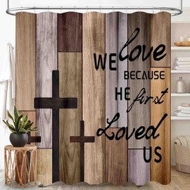 TKUYO Farmhouse Wooden Shower Curtain, Rustic Brown Wood Board Bible Verse Cross Country Cottage Western Barn Garage Old Plank Waterproof Fabric Bathroom Shower Curtain Set with Hooks, 72"x72" Inch
