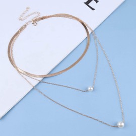 Inilbran Boho Layered Snake Chain Necklace Choker Gold Pearl Choker Necklace Double Pearl Pendant Necklace Punk Herringbone Chain Necklace Jewellery for Women and Girls