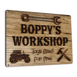 Boppy’s Workshop Toys Fixed for Free, 8.5 x 11.5 Inch Aluminum Sign, Vintage Workshop and Garage Signs Wall Decor, Gifts for Papa, Dad, Pop, Woodworking, Woodturning, Cabinet Maker, Mechanic