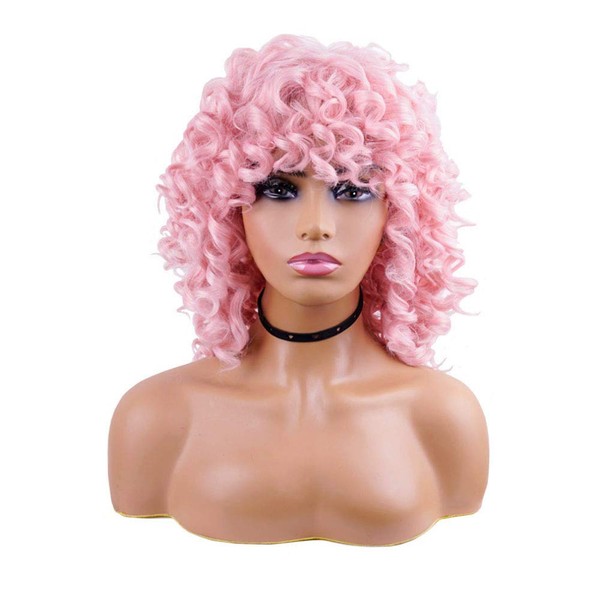 Short Curly Wigs Weave Hair Wig Loose Fluffy Wavy Big Curl Afro Synthetic Hair Wig Natural Looking Half Wigs for Women Breathable Rose Net Wigs (Pink)