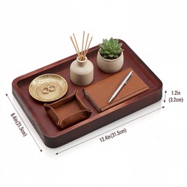 Wooden Valet Tray,Brown Wooden Catch All Tray with Leather Inlay Organizer ，Nightstand, Entryway Bedside Dump Holder, for Keys, Watches, Phones, Wallets Jewelry and More(H=1.2IN)