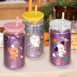 AZEAM 16 PCS Plastic Snow Globe Tumbler,16 oz Double Wall Tumbler with Pre Drilled Hole,Bulk Snow Globe Cups with Colorful Lip and Straw,DIY Glitter Snowglobe(No gold powder)