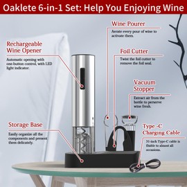 6-in-1 Electric Wine Bottle Opener Set Rechargeable Electric Wine Opener can Open 80 Bottles Once Charging and 3+ Months Lasting（Stainless Steel ）