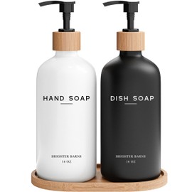 Luxury Glass Hand and Dish Soap Dispenser Set by Brighter Barns - Kitchen Soap Dispenser Set with Tray - Bamboo Pump Bottle for Kitchen Sink - Boho Home Decor, Modern Decor in Restaurant (Black/White)