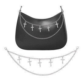 Kefley Sparkly Rhinestone Cross Bag Chain Punk Purse Charm 2-layer Shoulder Straps for Bags Handbag Wallet Shoes Pants Chains Silver Gothic Purse Strap Extender Bag Charms Accessories