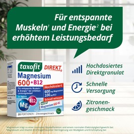 taxofit Magnesium 600 + B12 Direct, 20 Servings of Direct Granules, Magnesium Oxide High Dose 600 mg, Vitamin B12 & B1, Supports Energy Metabolism, Vegan & Laboratory Tested