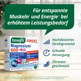 taxofit Magnesium 600 + B12 Direct, 20 Servings of Direct Granules, Magnesium Oxide High Dose 600 mg, Vitamin B12 & B1, Supports Energy Metabolism, Vegan & Laboratory Tested